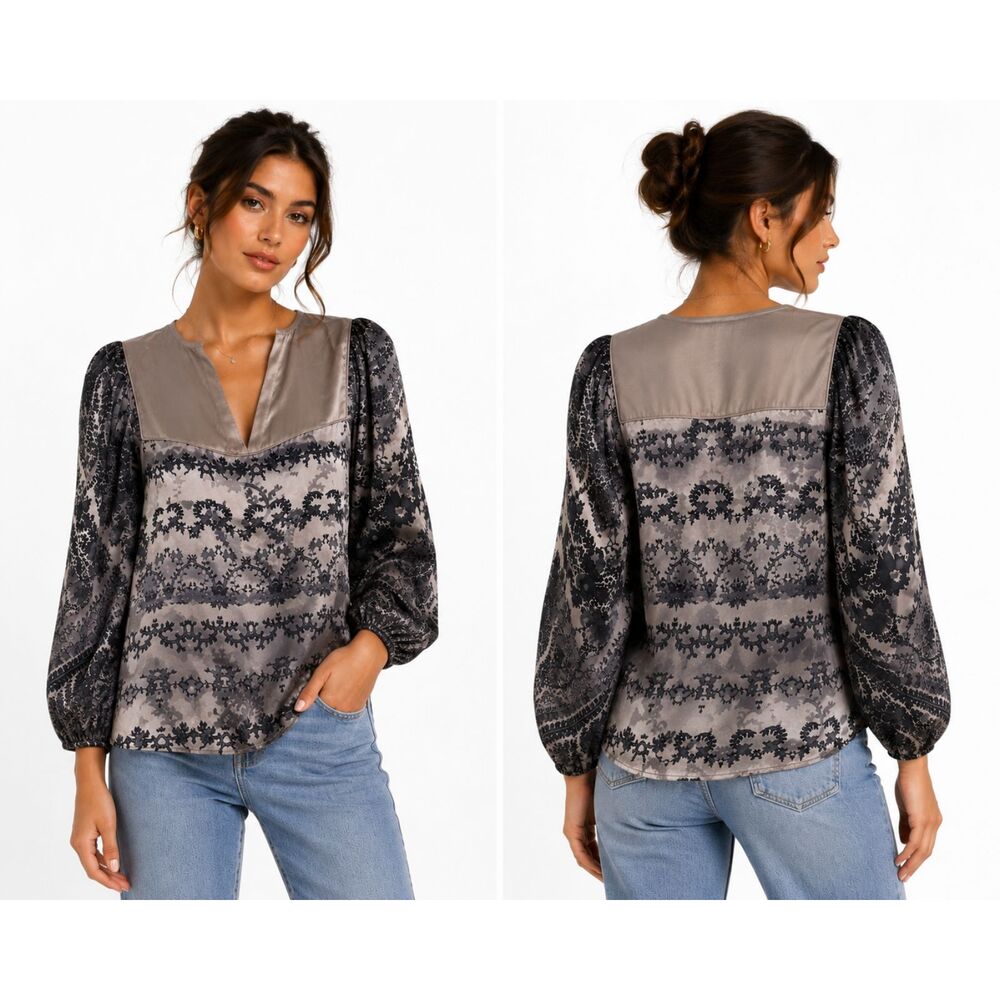 TUCKER 100% Silk Patterned Blouse Gray Large